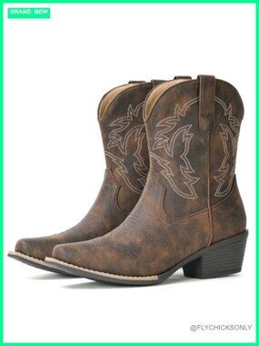 Women's Faux Leather Snip Toe Ankle Cowboy Boots Chunky Block Heel